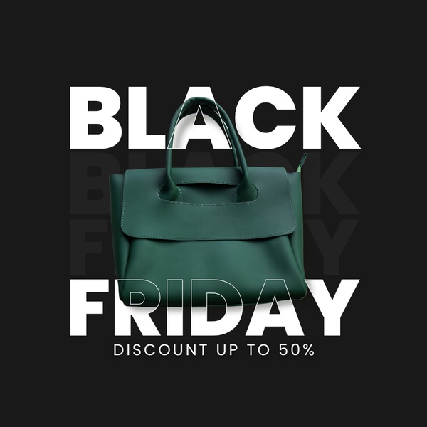 A high-contrast 1:1 square graphic promoting a Black Friday sale for a designer handbag with clear discount messaging.
