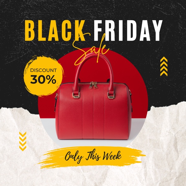 A 1:1 format promotional graphic featuring a red handbag centered against a high-contrast black and red background with a clear discount overlay.
