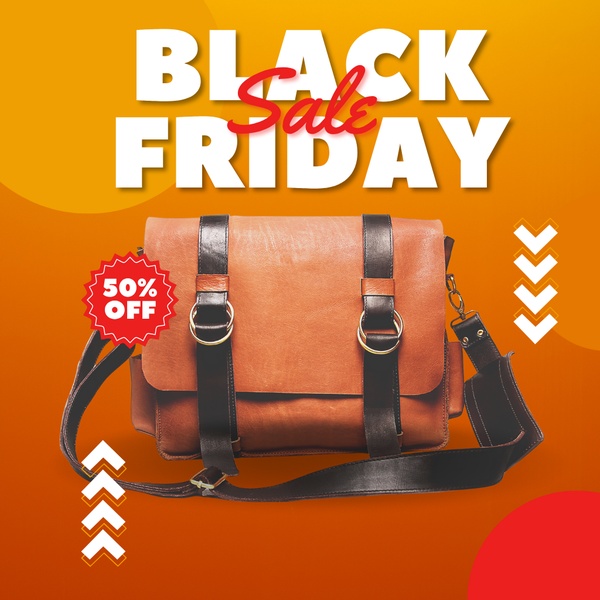 A direct-response Black Friday sales creative featuring a leather messenger bag with bold typography and a clear 50% off discount indicator.