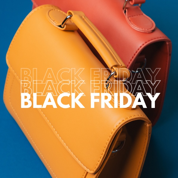 A high-contrast 1:1 image featuring two minimalist handbags in yellow and orange with a bold white 'Black Friday' typography overlay.