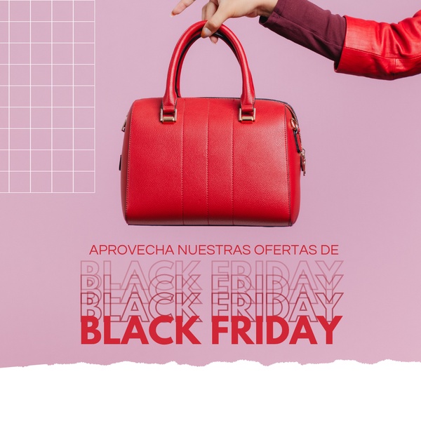A high-contrast 1:1 image featuring a hand holding a red handbag against a soft purple background with repeating Black Friday sale text.