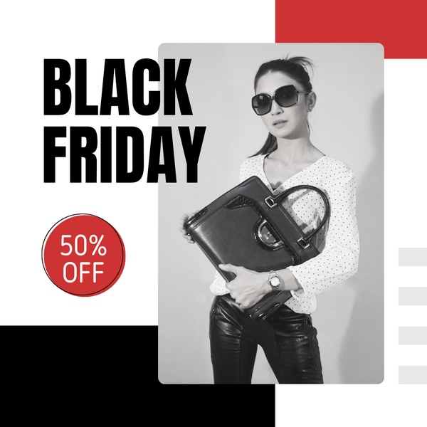 A high-contrast 1:1 image featuring a model holding a luxury handbag during a Black Friday promotional event.
