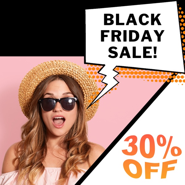 A high-energy 1:1 square creative featuring a straw hat product shot with a speech bubble for a sale offer and vibrant contrast colors.