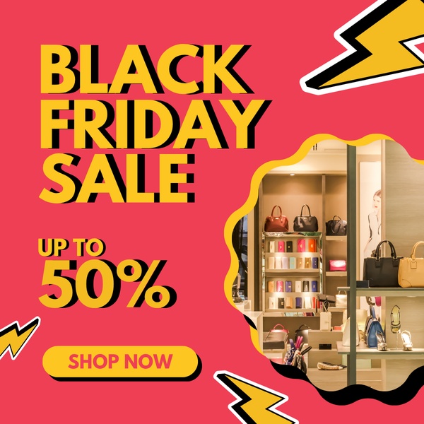 A high-energy, square-format promotional graphic for a handbag sale featuring bold typography, lightning bolt accents, and a product preview.