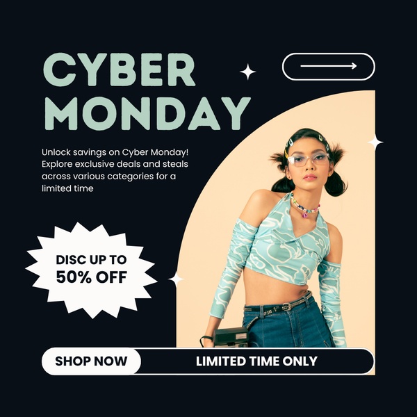 A high-contrast Cyber Monday sale graphic featuring a model and a clean, split-layout aesthetic to highlight the 50% discount.