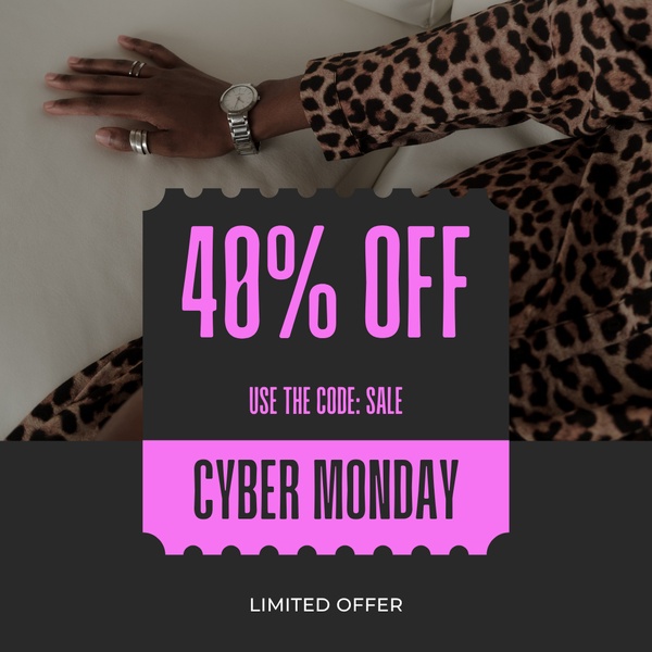 This static creative showcases a limited-time Cyber Monday discount on a leopard print dress, using a punchy ticket-style overlay to drive urgency.