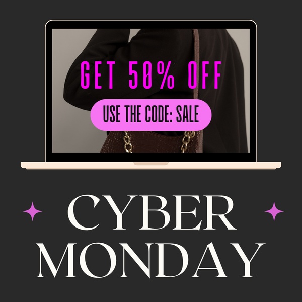 A high-contrast 1:1 square ad featuring a laptop screen displaying a 50% off discount code to drive immediate impulse purchases.