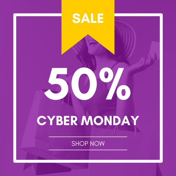 A bold, square-format graphic designed for peak promotional events, featuring a 50% off discount and high-contrast color scheme to stop the scroll.