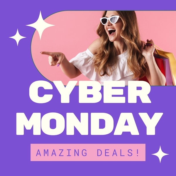 A vibrant 1:1 square graphic featuring a smiling woman pointing to sales text, designed for high conversion during holiday events.