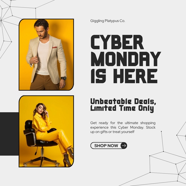 A split-image promotional creative for a Cyber Monday sale featuring a male model in a blazer and a female model in a yellow suit.