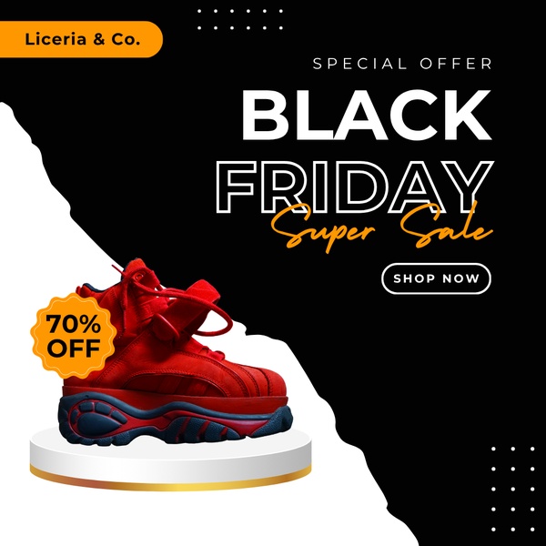 A square ad creative featuring a red sneaker on a white platform against a split black and white background, highlighting a 70% off Black Friday deal.