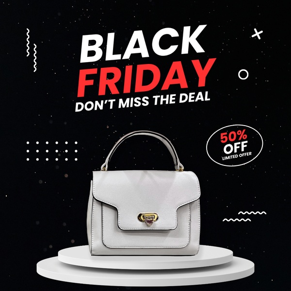 A high-contrast Black Friday promotional graphic featuring a white handbag displayed on a tiered pedestal against a black, speckled background.