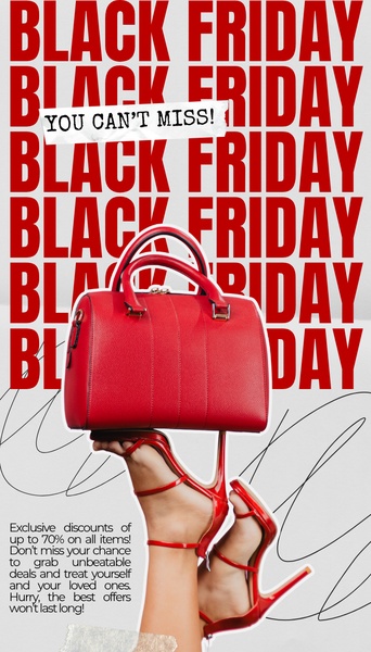 A high-contrast 9:16 vertical ad featuring a bold repeating typography pattern as a background with a red handbag as the hero product.