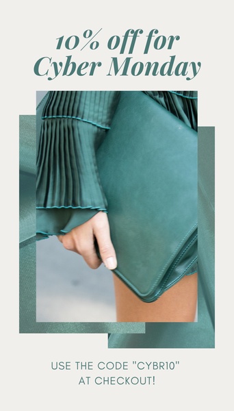 A high-contrast, minimalist ad creative featuring a clutch handbag with a clear 10% discount offer for Cyber Monday.