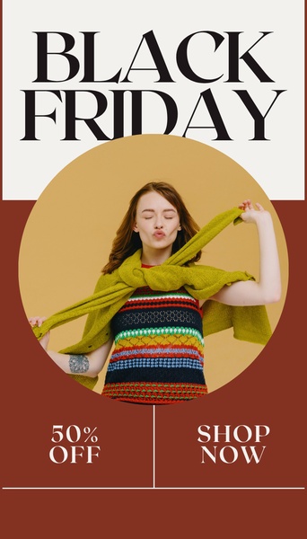 A seasonal promotional creative featuring a model in a patterned knit sweater, emphasizing a 50% off discount for Black Friday.