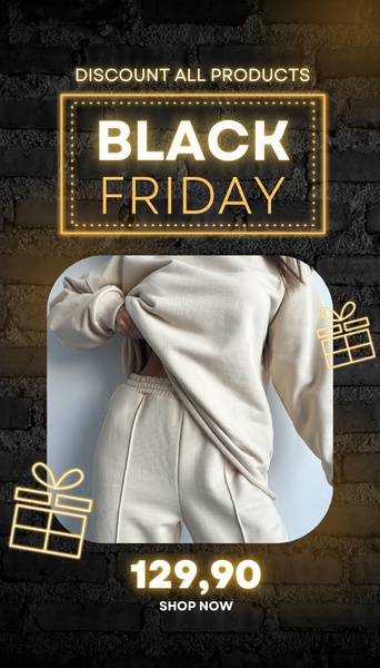 A 9:16 vertical mobile ad featuring a clean, beige lounge set against a dark brick backdrop with neon-style Black Friday promotional text.