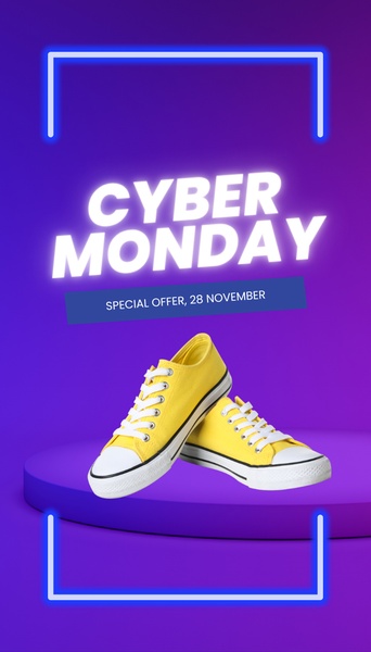 A high-impact 9:16 vertical social ad featuring vibrant yellow sneakers centered on a neon-lit stage to drive urgent Cyber Monday traffic.