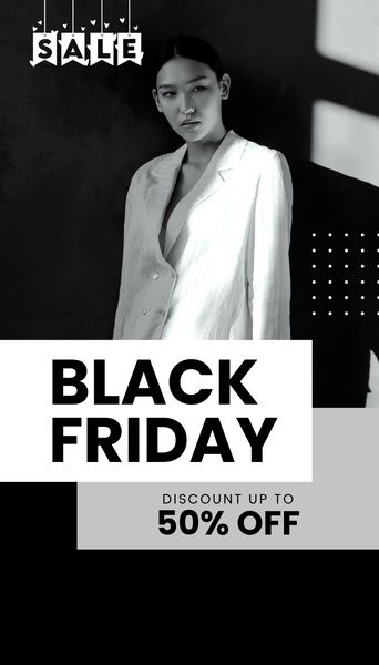 A high-contrast vertical fashion ad featuring a blazer, clearly highlighting a 50% off seasonal promotion.