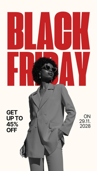 A high-contrast 9:16 vertical ad featuring bold red typography overlaid on a greyscale fashion photograph of a person in a business suit.