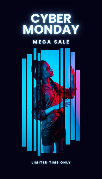 A high-impact promotional graphic for a Cyber Monday sale featuring a model framed by vertical neon light bars in a dark, moody environment.