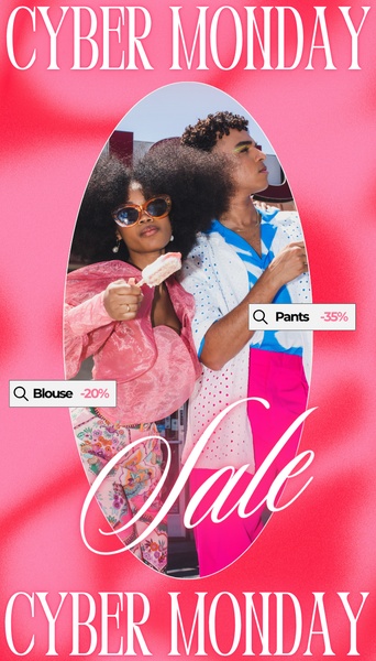 A vibrant 9:16 vertical social ad featuring two models showcasing clothing with clear discount badges for blouses and pants.