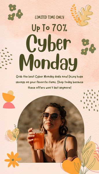 A vertical social media ad layout featuring a seasonal aesthetic, a primary discount offer, and a lifestyle product image.