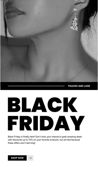 A high-contrast, black and white creative focusing on elegant earrings for a Black Friday promotional sale.