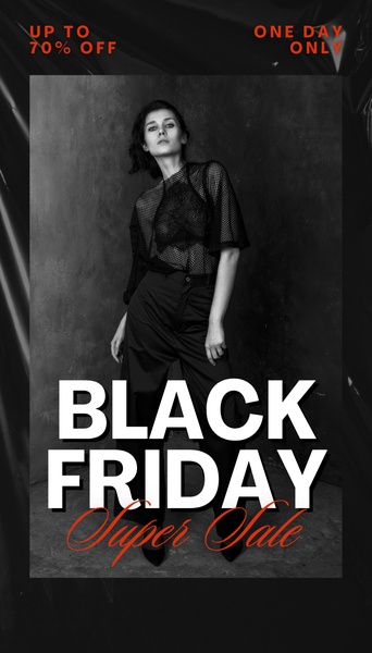 A high-contrast vertical fashion ad featuring a model in black clothing against a dark background, highlighting a 70% off limited-time sale.