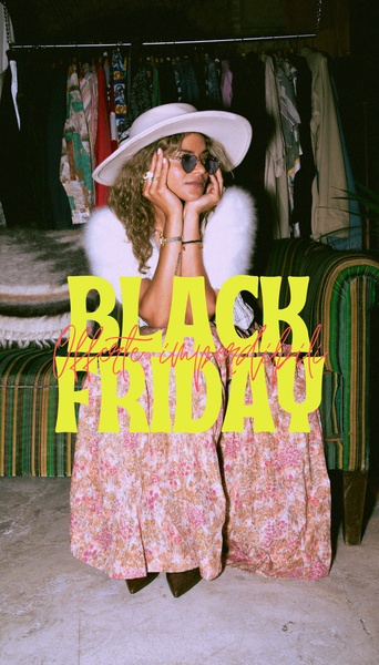 A stylish Black Friday promotional image featuring a woman in a floral dress and hat, styled in a dark, moody, retro-photographic aesthetic.
