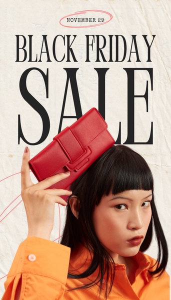 A vertical format Black Friday promotional ad featuring a model holding a red wallet, emphasizing seasonal sale urgency with bold, clean typography.