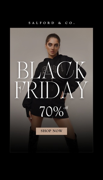A high-fashion, high-contrast vertical ad featuring a model in a branded hoodie with clear Black Friday sale messaging.
