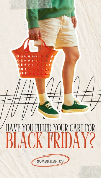 A vertical ad creative featuring a person holding a shopping basket with high-contrast text to build Black Friday urgency.