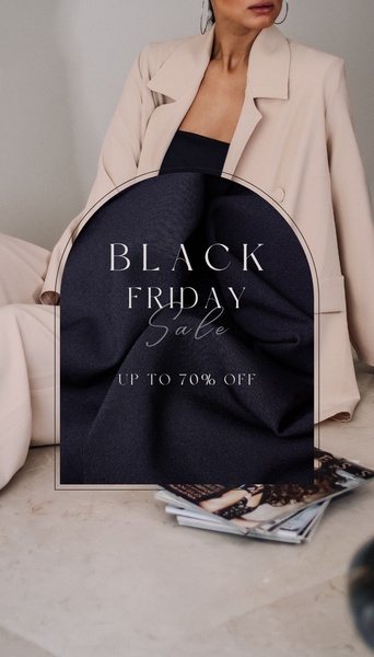 A sophisticated, high-contrast ad featuring a professional blazer, utilizing an arched overlay to highlight a 70% off Black Friday offer.
