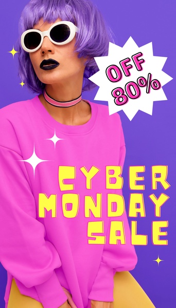 A high-energy, vertical graphic featuring a model in a vibrant pink sweatshirt and purple hair to promote a 80% discount.