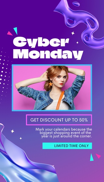 A high-energy vertical ad featuring a stylish model with bold purple and blue gradients to highlight a 50% off holiday discount.