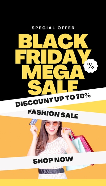 This vertical ad uses a striking black and yellow color scheme with a bold typographic layout to communicate a 70 percent discount for a fashion sale.