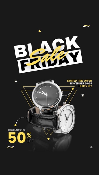watches, timepieces, wristwatches, dress watches, luxury watches, limited time deal, sale promotion, modern typography, minimalist, bold, energetic, black, yellow, black friday