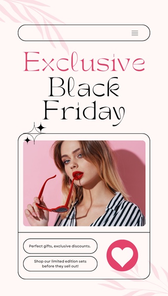 This 9:16 vertical mobile ad features a stylish woman posing with red sunglasses to promote an exclusive Black Friday discount.