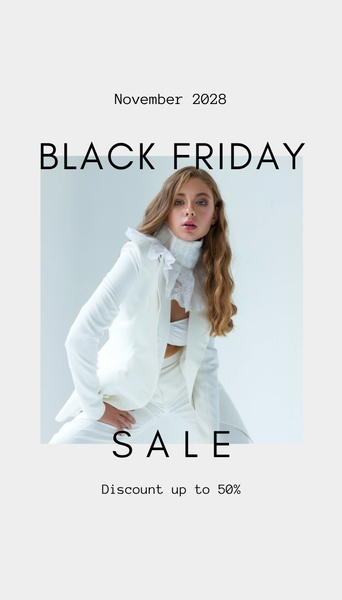A high-fashion, clean, and minimalist portrait ad showcasing a blazer during a Black Friday promotional event.