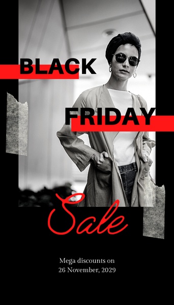 A high-contrast vertical fashion ad featuring a model in a trench coat with bold, red typography to announce a Black Friday sale.