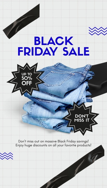 A high-impact promotional creative for denim jeans featuring a clear 50% off discount and a bold, sale-focused visual aesthetic.