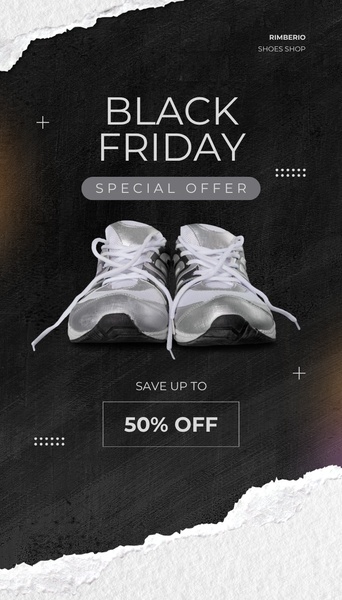 A vertical format Black Friday sales ad for running shoes, featuring high-contrast typography against a textured black background.