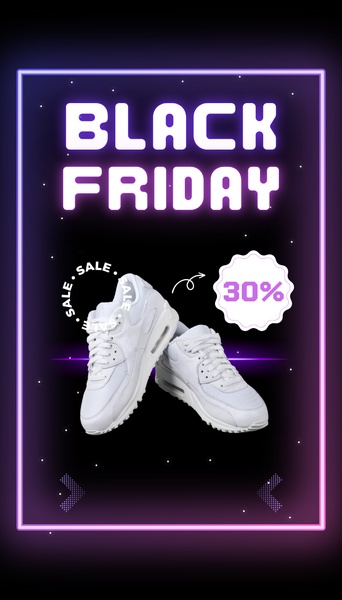 This vertical ad uses a high-contrast black background with neon purple framing and a floating product display to emphasize a 30% discount for Black Friday.