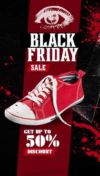 A high-contrast 9:16 vertical ad creative featuring a red sneaker against a dark background with aggressive text styling for a Black Friday offer.