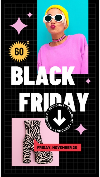 A high-energy vertical ad featuring a model in bright colors juxtaposed with a bold zebra-print platform boot to signal a seasonal discount event.