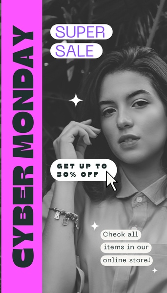 A vertical-format promotional ad featuring a black-and-white portrait with vibrant magenta accent sidebars and clear, bold sale typography.