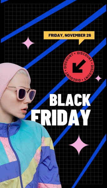 A high-contrast vertical graphic featuring a retro fashion aesthetic with a clear date and discount call-to-action.