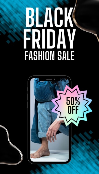 A mobile-first ad for denim jeans featuring a bold high-contrast layout, a central product frame, and a clear 50% off discount badge.