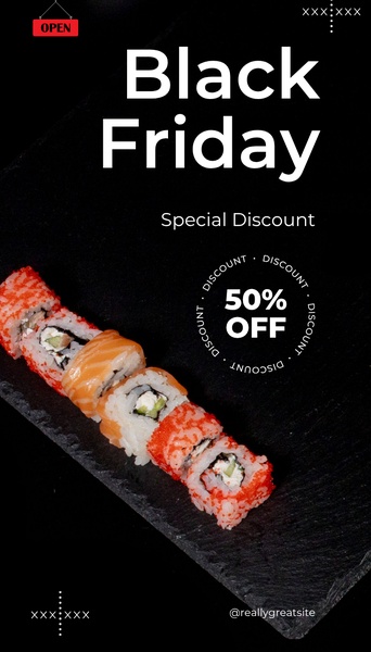 A vertical 9:16 ad creative showcasing a fresh sushi roll selection on a dark stone background with a clear 50% discount offer.