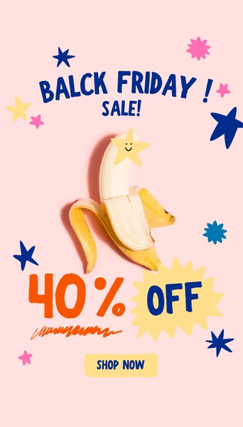 A high-energy, illustrative flash sale ad featuring a peeled banana as the focal point with vibrant star motifs and a clear 40% off incentive.